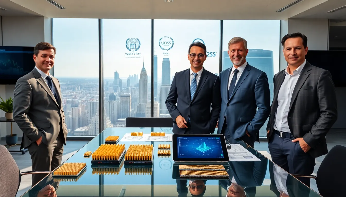 business executives with pogo pin samples in a modern office